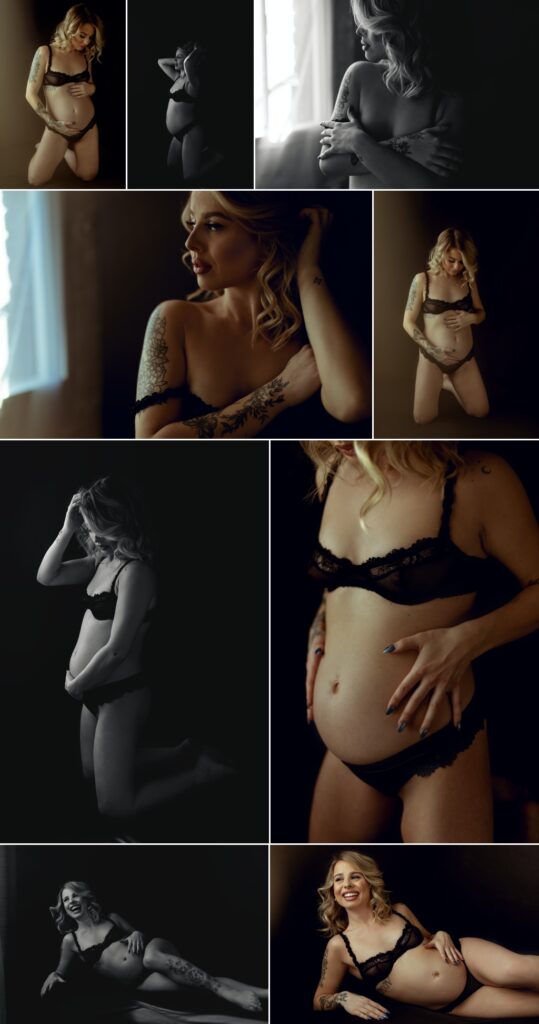 collage of boudoir photos/images of a blonde pregnant woman from her olivia renee photoshoot 