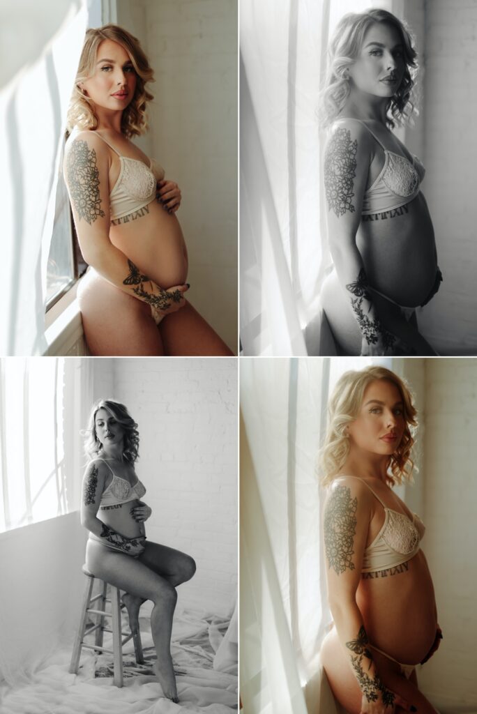 four images of tattooed blonde pregnant woman in white lace bra and panties in front of a gauzy curtain and window