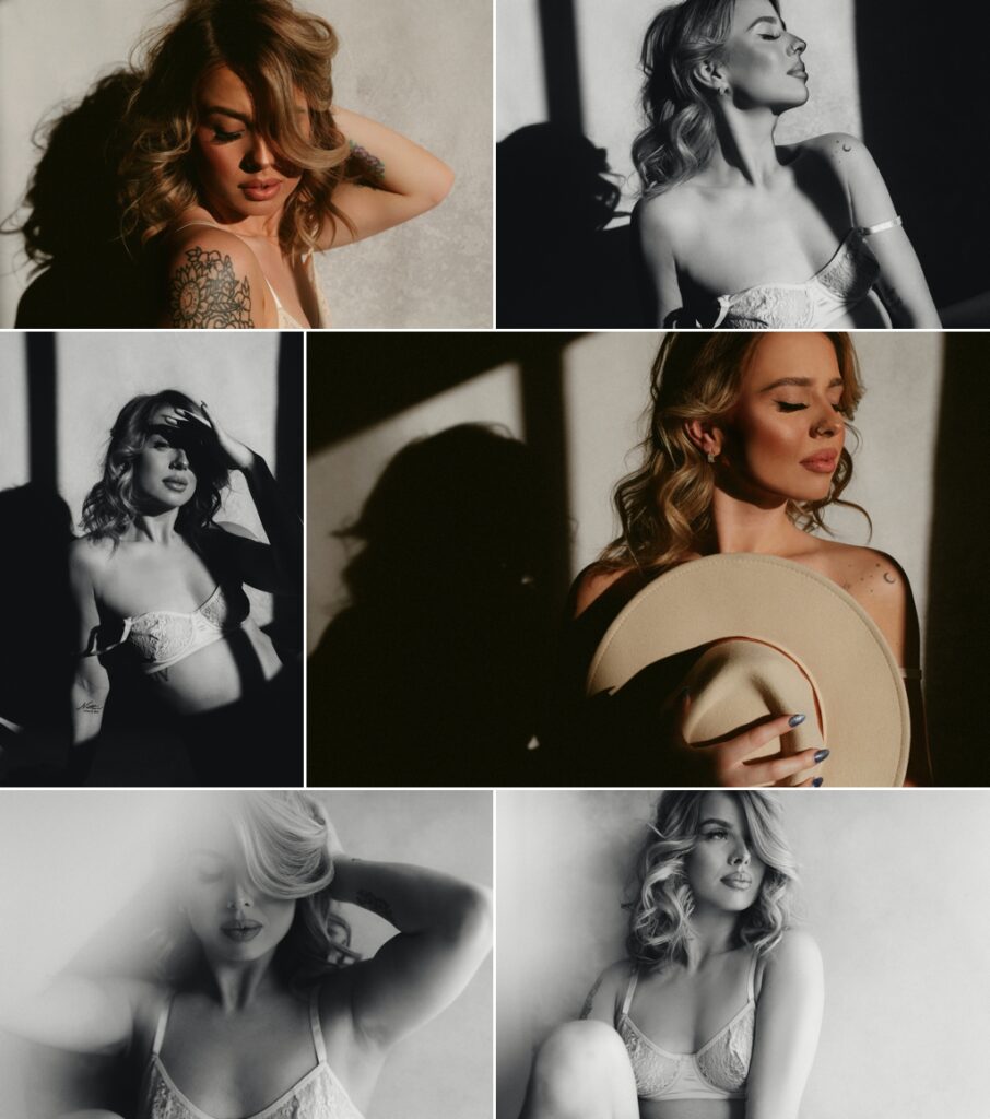 collage of color and black and white boudoir photos/images of a blonde woman in a white lacy bra, curled hair, light and shadows, holding a hat