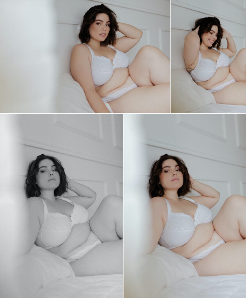 plus size/curve woman with dark brown hair poses in white bra and panties in front of a white wall for boudoir photos
