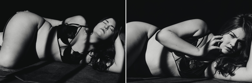 black and white photos of a curvy brunette laying on her side in a black cut-out bra and panties for boudoir photography